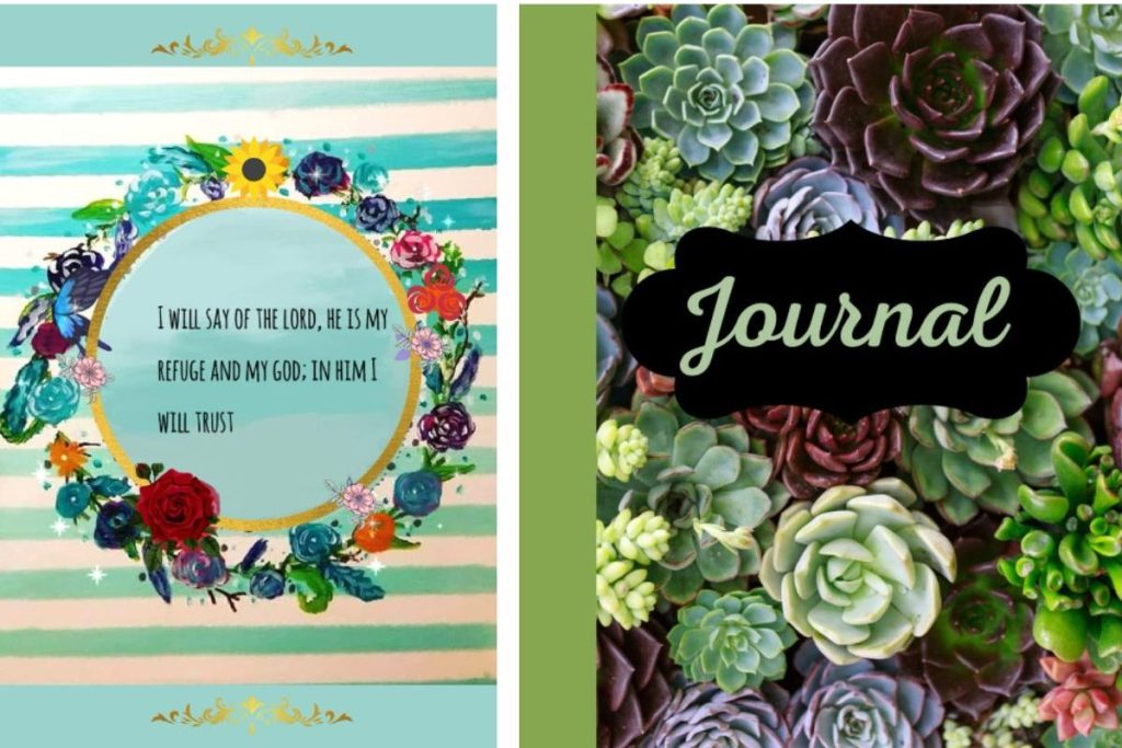 Stock images of a journal and a notebook from Amazon