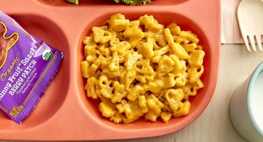 A lunch tray with Annie's bunny mac and cheese on it