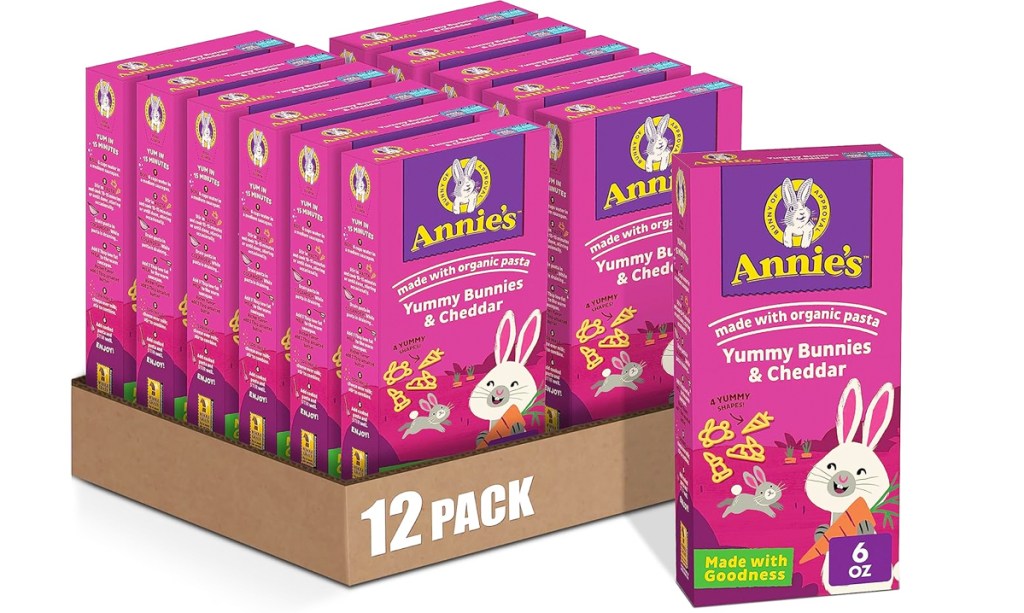 12 pink boxes of Annie’s Macaroni and Cheese Yummy Bunnies & Cheddar