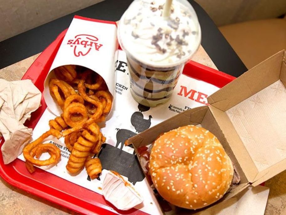 An Arby's tray with fries, a shake and a sandwich