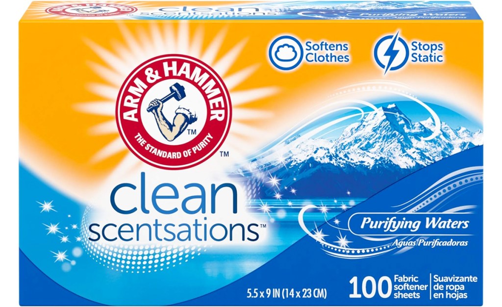 yellow and blue box of Arm & Hammer Clean Scentsations Dryer Sheets