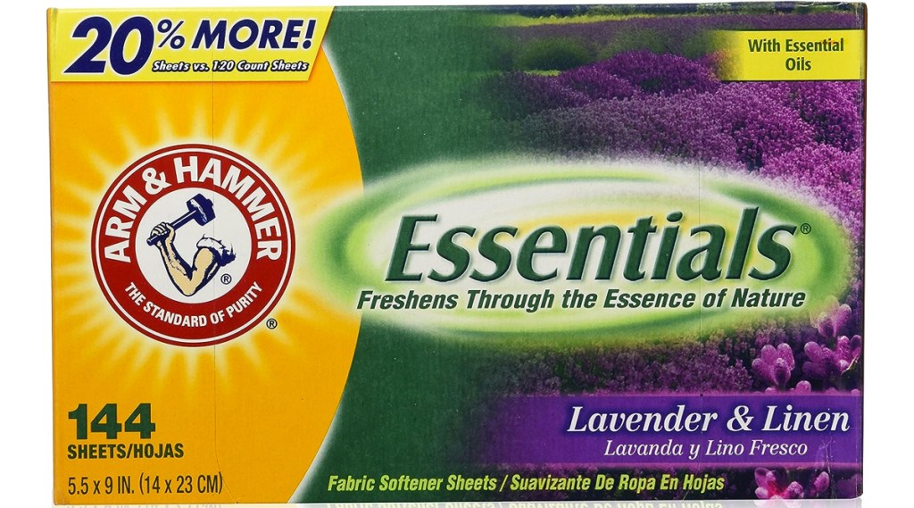 yellow, green, and purple box of Arm & Hammer Essentials Dryer Sheets
