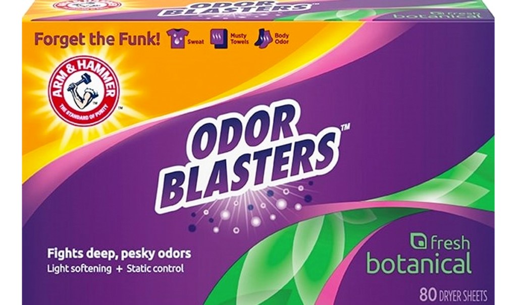 orange and purple box of Arm & Hammer Odor Blaster Dryer Sheets
