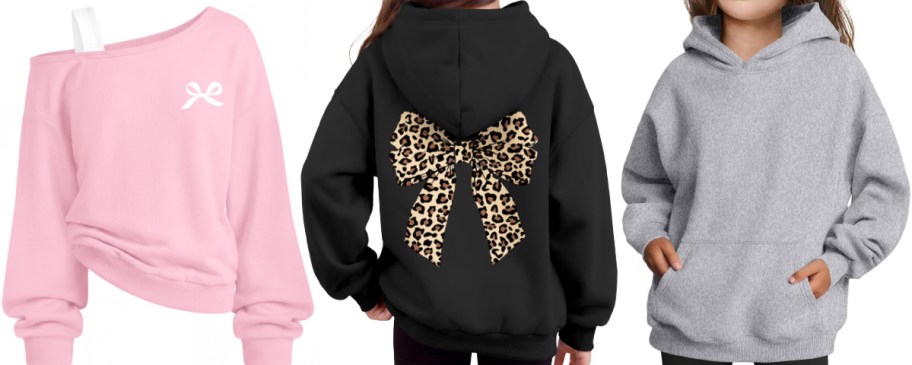 Three Arshiner girls' sweatshirts shown side by side, featuring a pink off-the-shoulder sweatshirt with a white bow graphic on the left, a black hoodie with a large leopard print bow on the back in the middle, and a solid grey hoodie with a front pocket on the right.