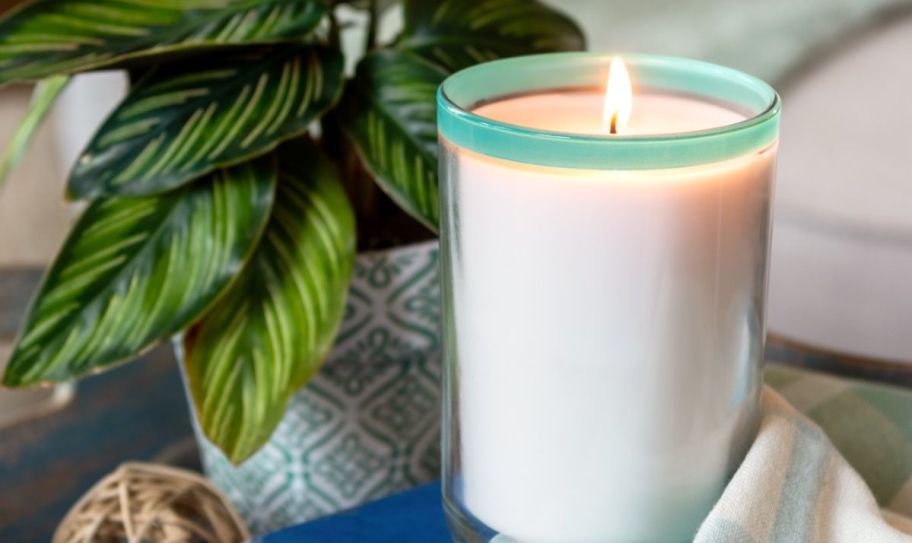 Better Homes Gardens 12oz Jar Candle lit sitting on an end table next to a small house plant