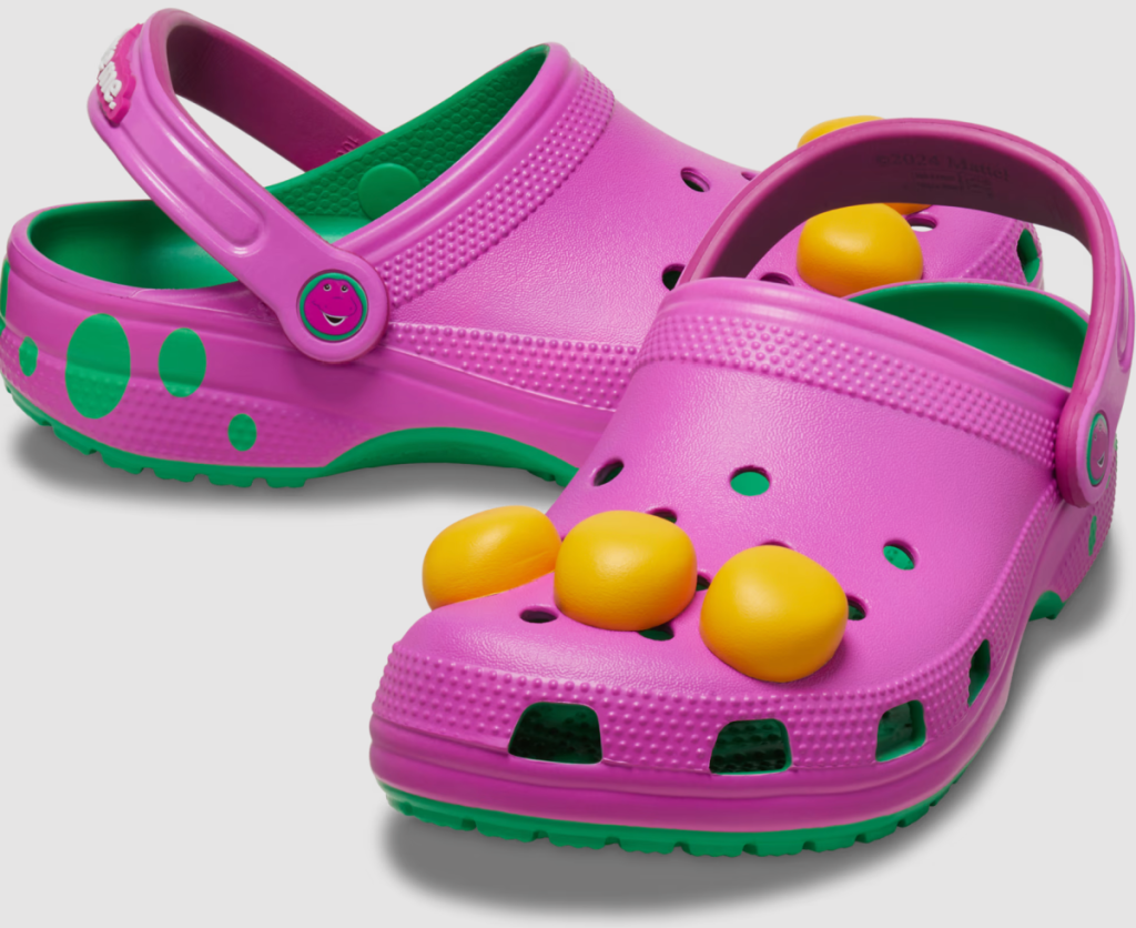 A pair of Barney clogs for adults