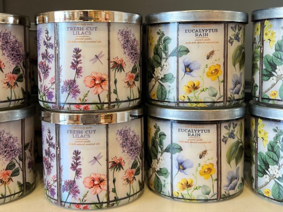 Jars of floral spring 3-wick candles at Bath & Body works