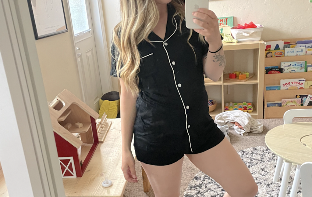 woman wearing black pajama set 