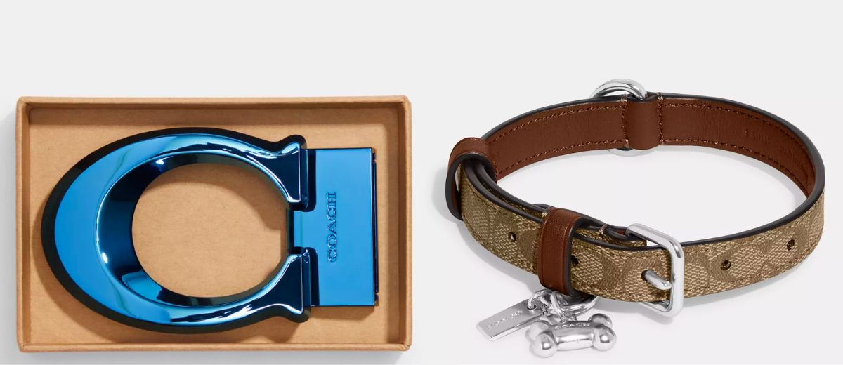 coach Boxed C shaped belt buckle in blue and a coach dog collar in signature khaki canvas