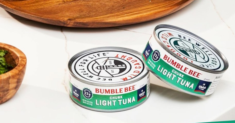two cans of Bumble Bee Chunk Light Tuna in Water on table