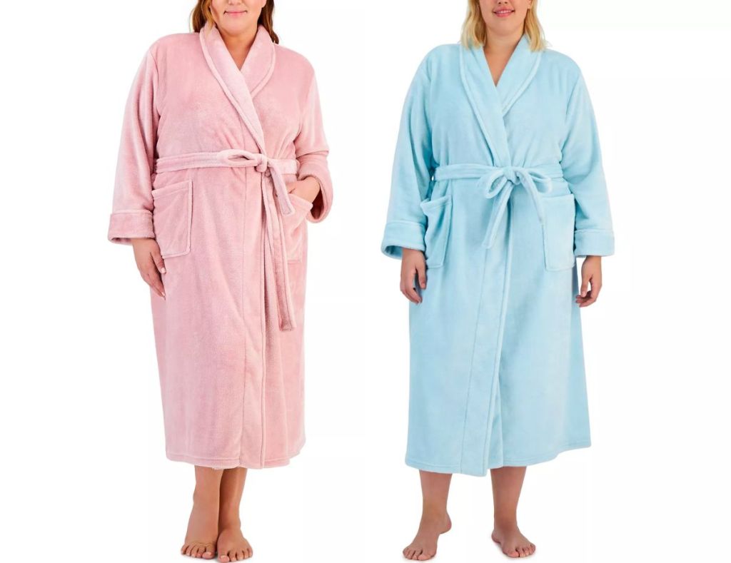 two models wearing Plush Knit Shine Robes in pink and blue