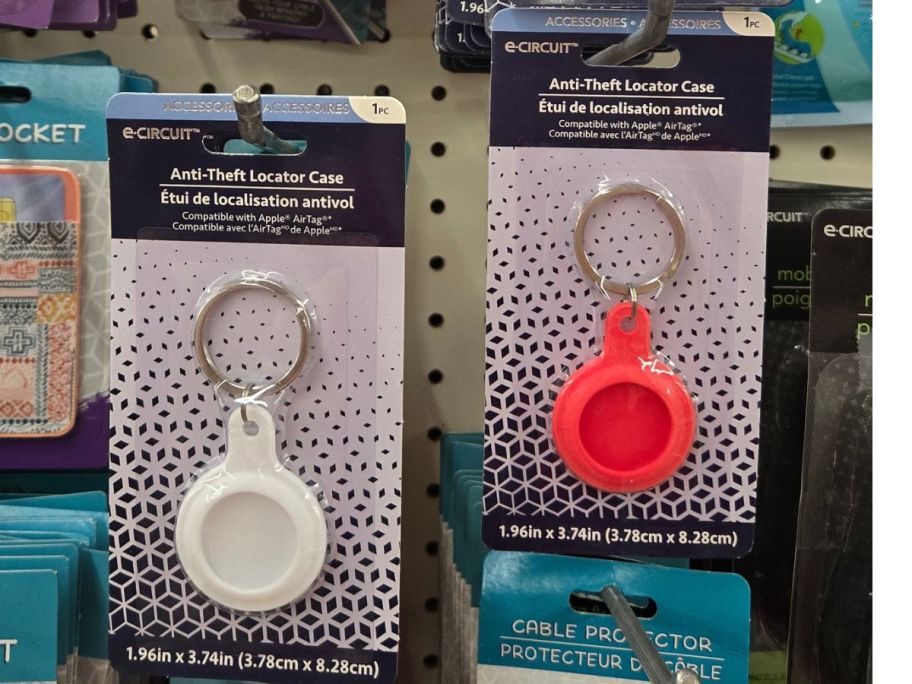 e-Circuit AirTag holders hanging for sale at Dollar Tree