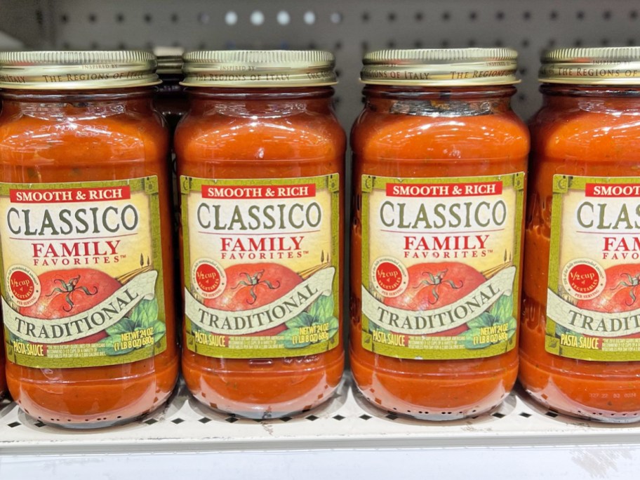 jars of Classico Family Favorites Traditional Pasta Sauce on store shelf