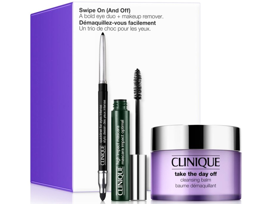clinique gift set with mascara, eyeliner, and cleansing balm