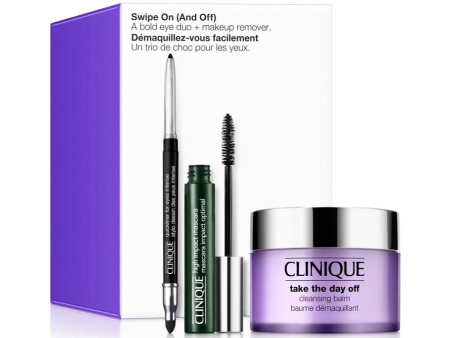clinique gift set with mascara, eyeliner, and cleansing balm