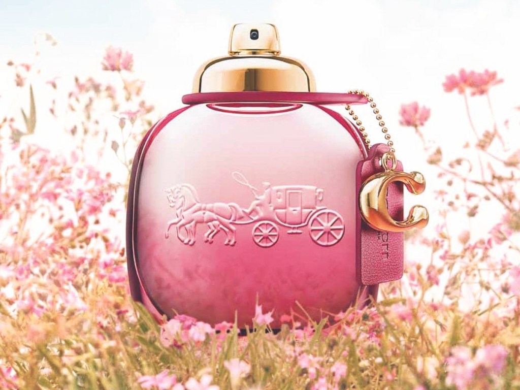 pink bottle of coach perfume in a field of pink flowers