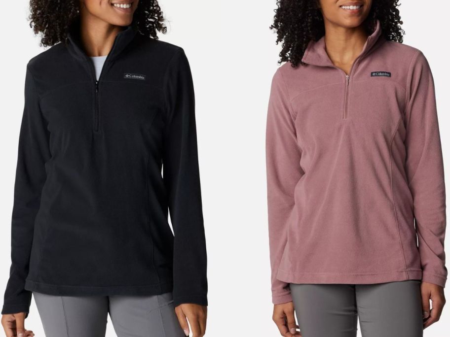 Stock image of 2 women wearing Columbia 1/2 zip fleeces