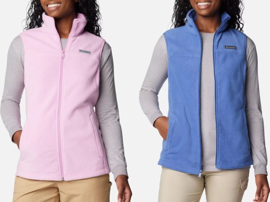 Stock images of 2 women wearing Columbia fleece vests