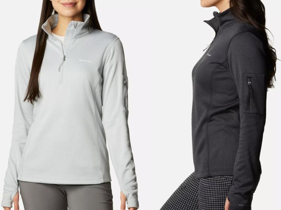 Stock image of 2 women wearing Columbia 1/2 zip jackets