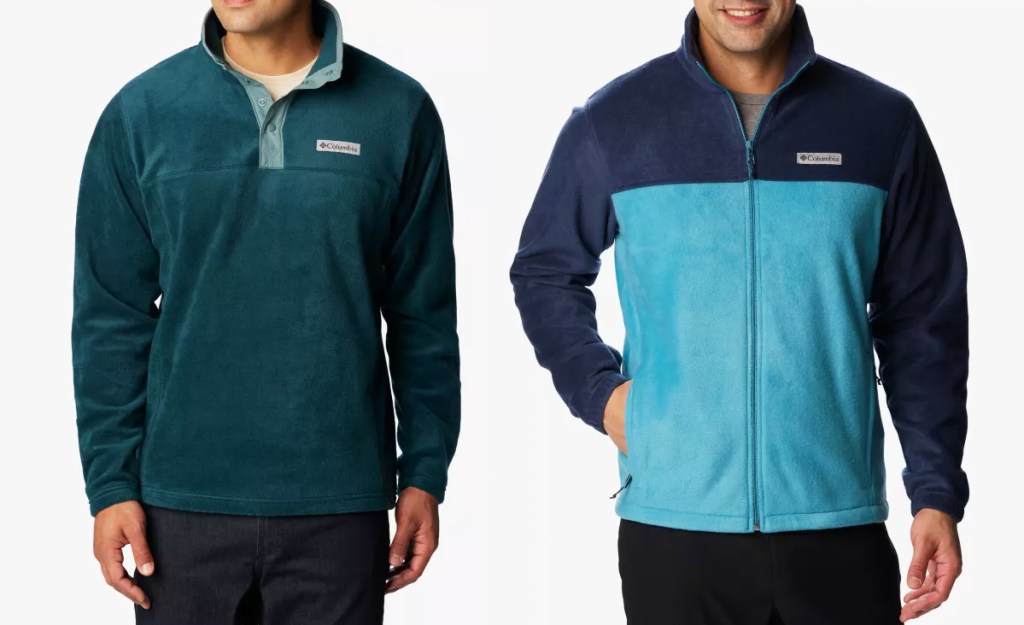two men in teal and blue fleece jackets