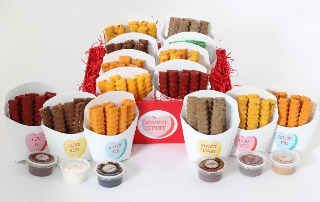 A food basket gift that features cookies in the shape of french fries and its one of the best food basket gifts to buy for Valentine's Day 2024