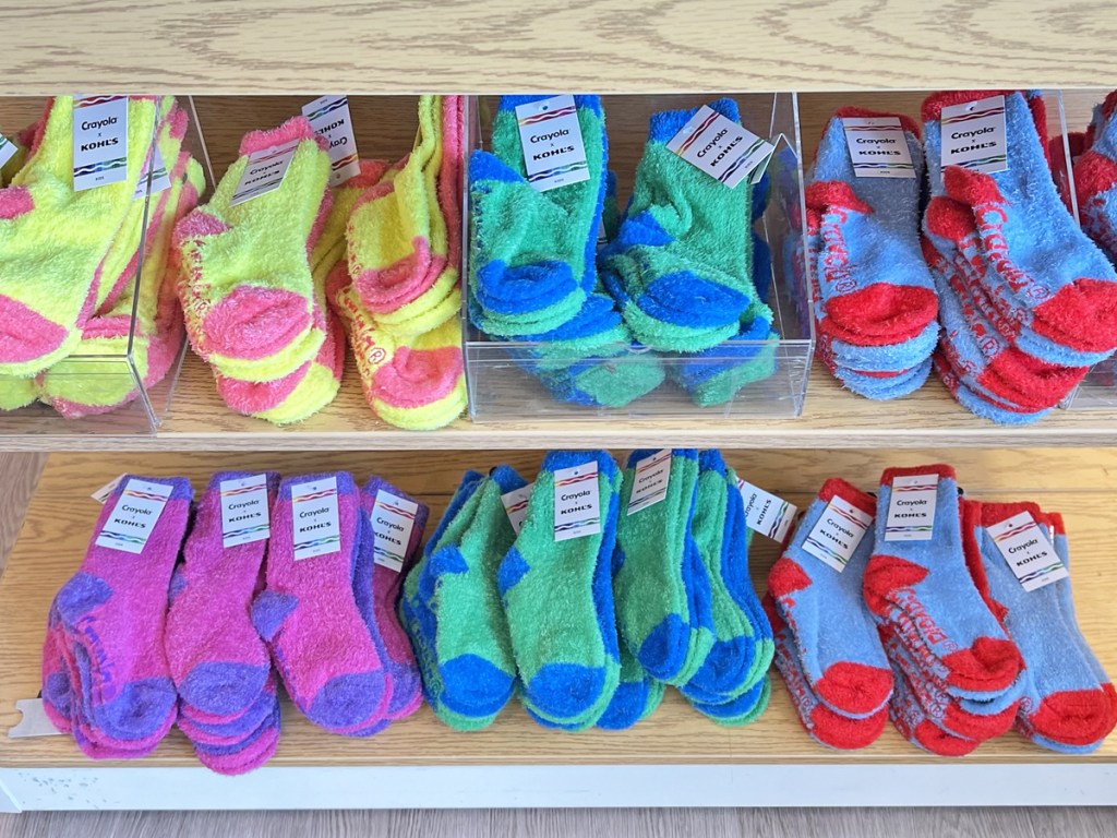 colorful fuzzy socks on store display shelves