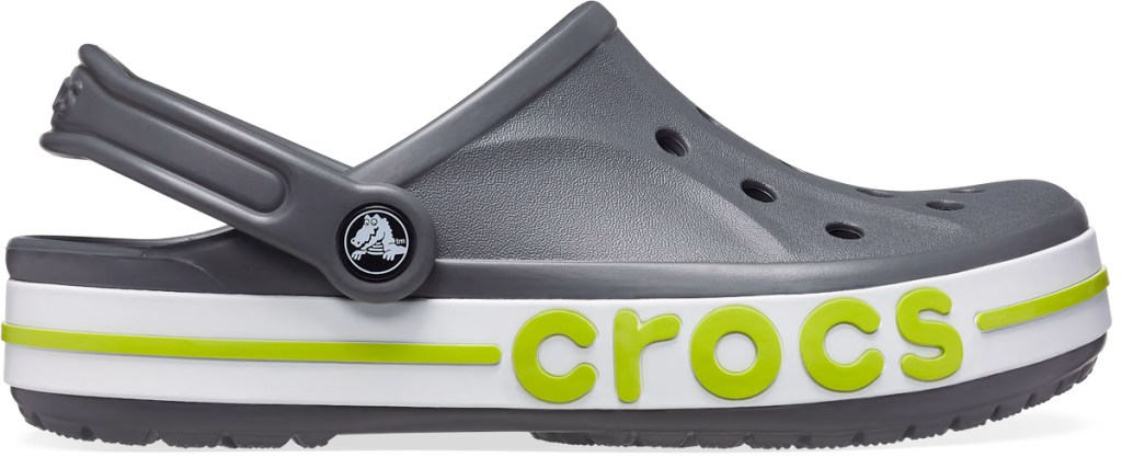 grey, white, and green crocs clog