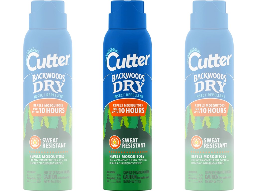 three blue bottles of Cutter Backwoods Dry Insect Repellent