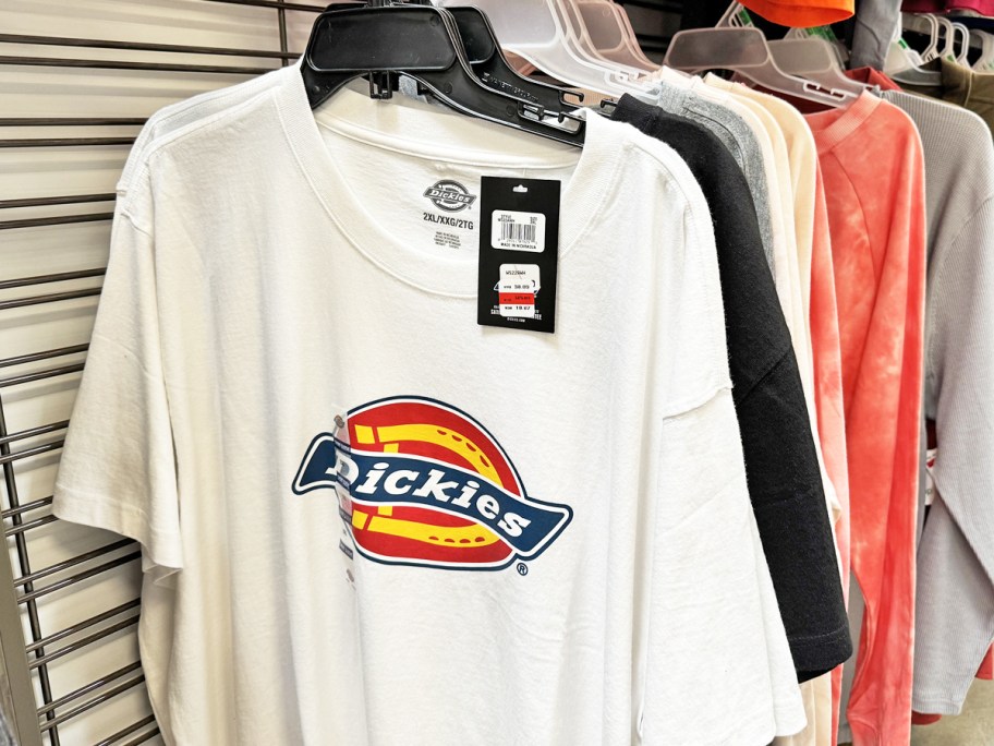 white Dickies graphic tee on hanger in store