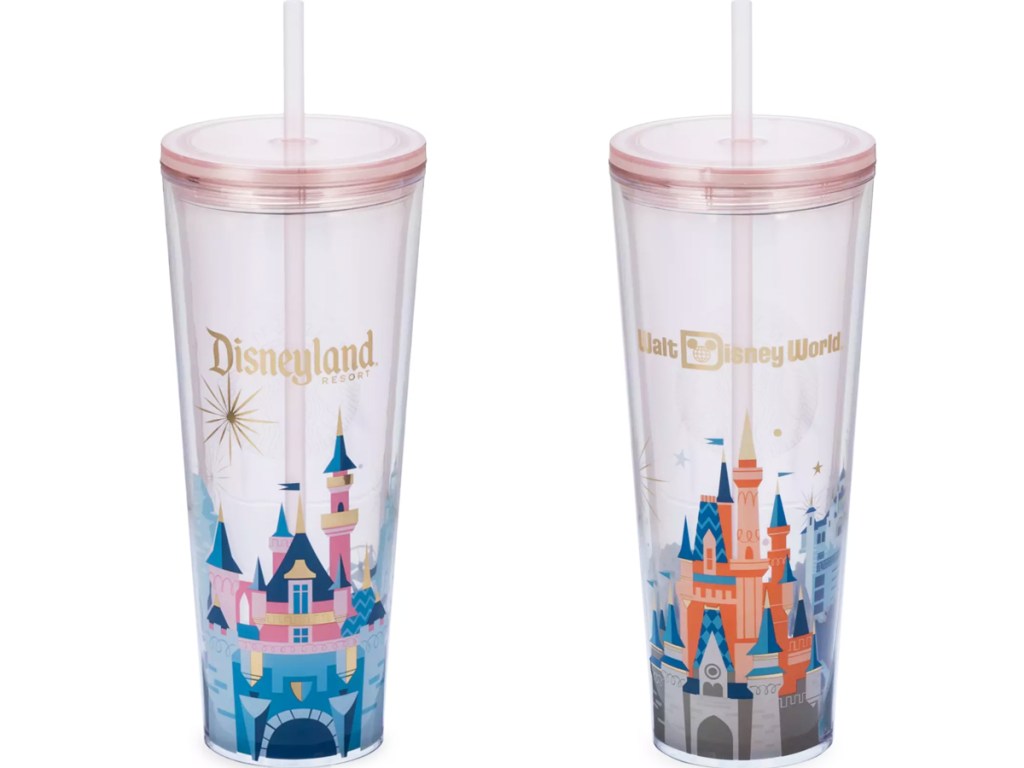 two disney castle starbucks tumblers