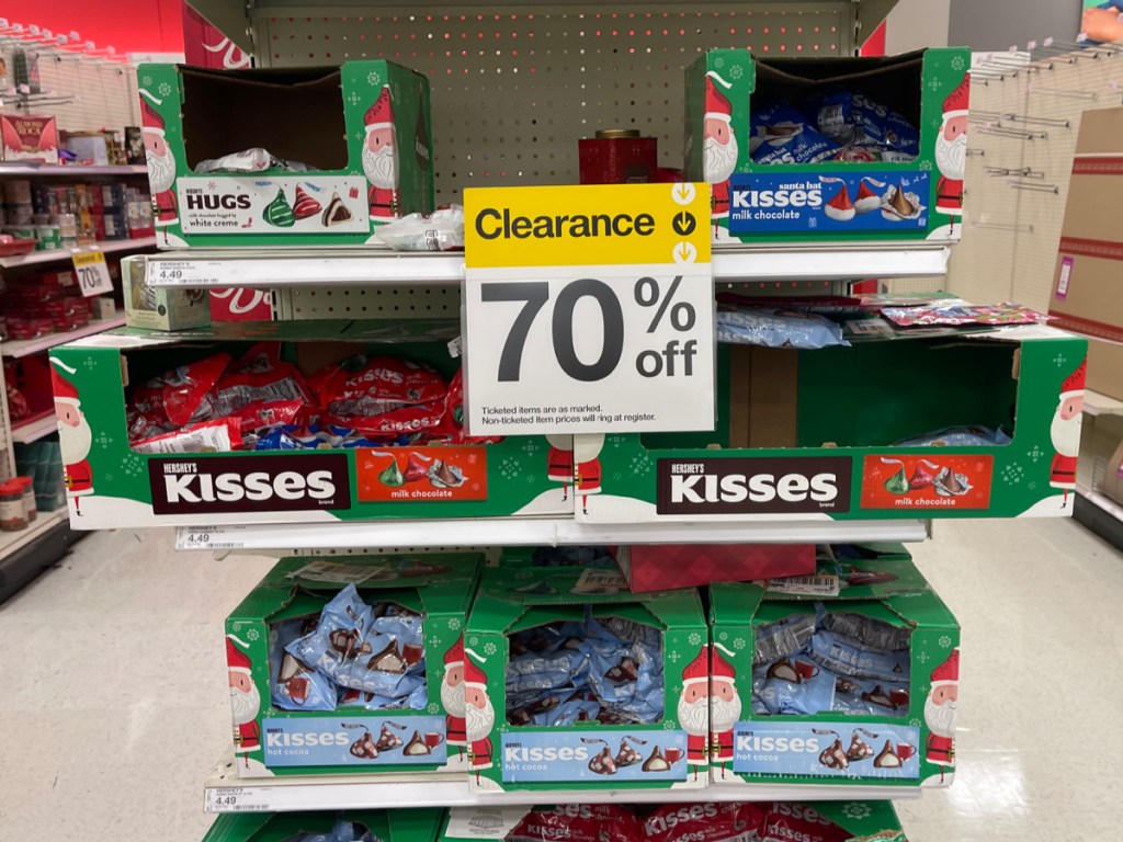 Display of Hershey's Kisses and Hugs Bags with 70% off sign