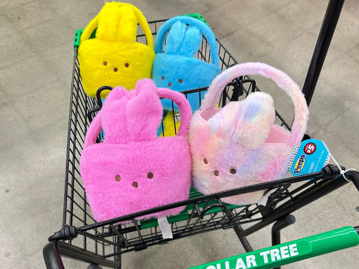 Dollar Store Peeps Easter Baskets in a cart