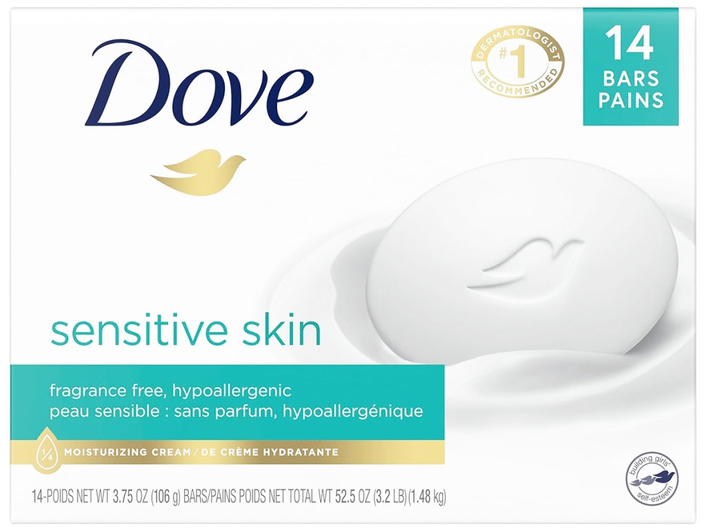 white and teal box of Dove Beauty Bars