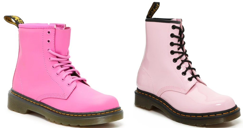 bright pink and light pink Dr. Martens lace up boots