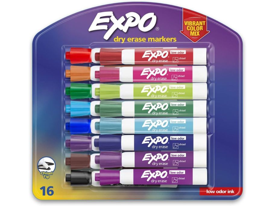 A package of EXPO Low Odor Dry Erase Markers Chisel Tip Assorted Vibrant Colors 16-Count 