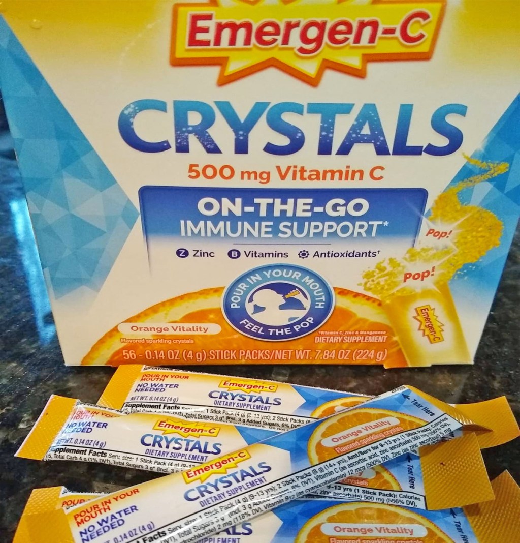 box of Emergen-C Crystals with packets in front of it