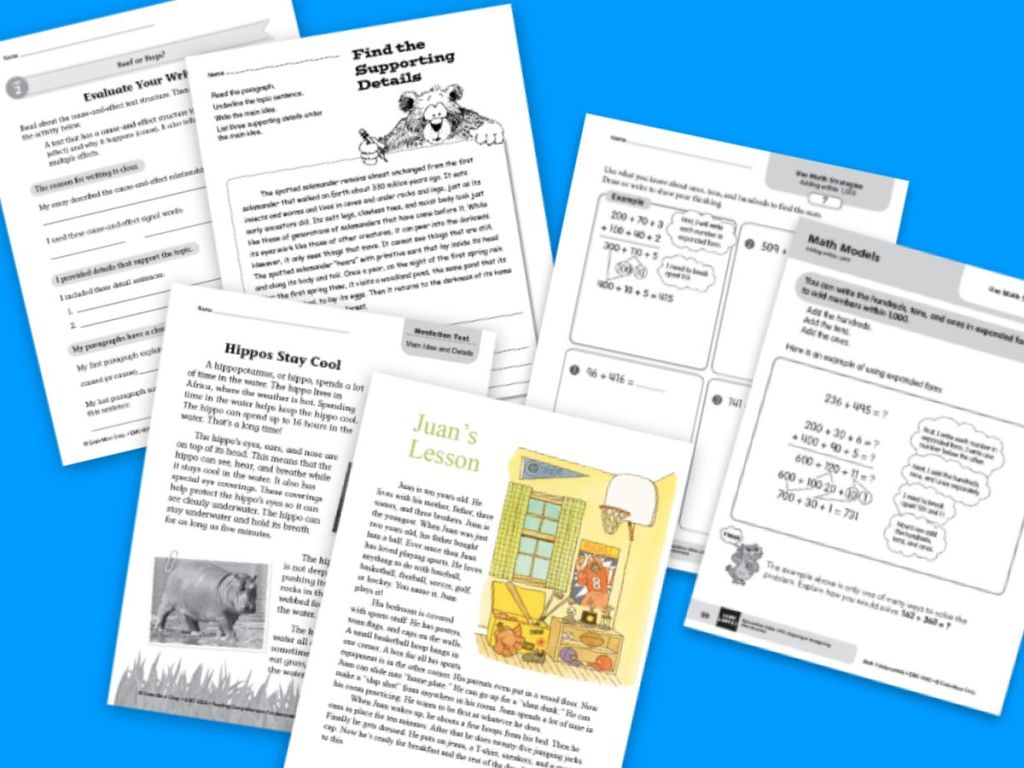 image of different Evan Moor school printables, lessons and worksheets