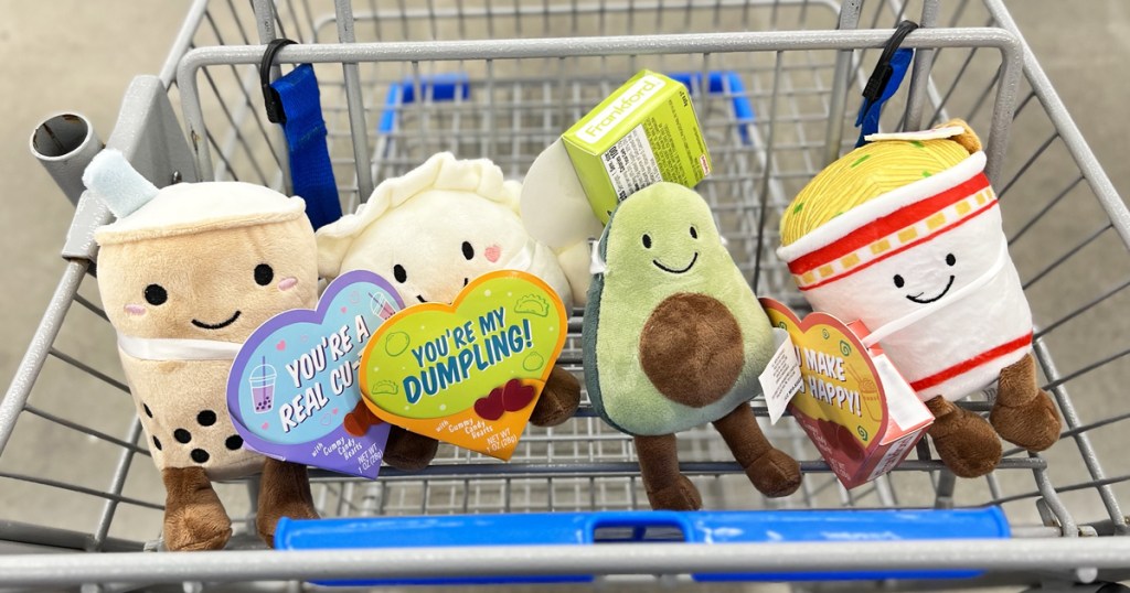 food themed plush toys with gummy candy in shopping cart