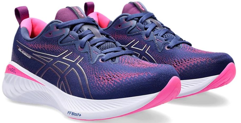 a navy and hot pink pair of womens running shoes