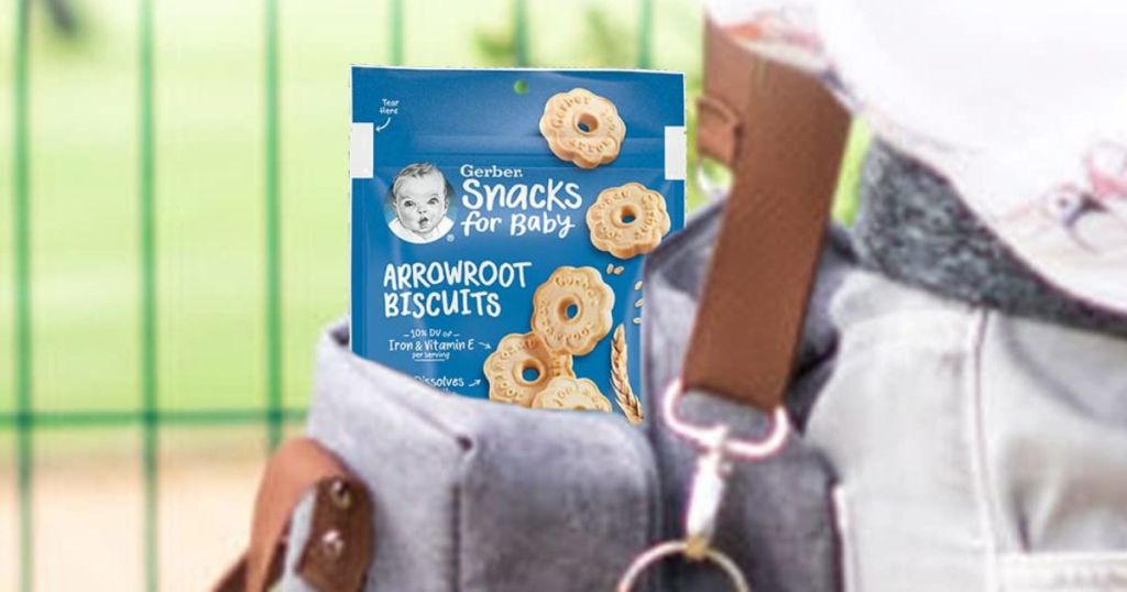 Gerber Snacks for Baby Arrowroot Biscuits in a backpack
