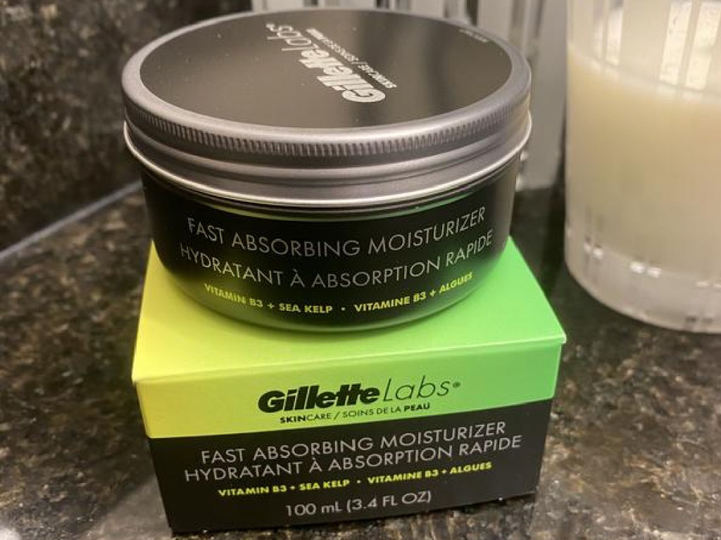 GilletteLabs Men's Moisturizer Cream on top of its box