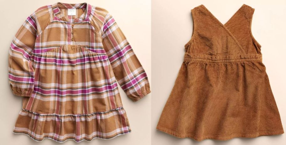 a plaid toddler dress and brown corderoy jumper