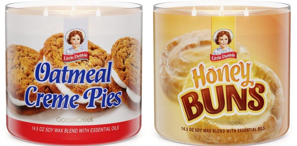 Two Goose Creek Little Debbie Candles in Oatmeal Cream Pie and Honey Buns Scents