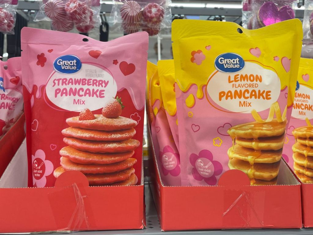 Great value strawberry & lemon pancake mix on a store shelf