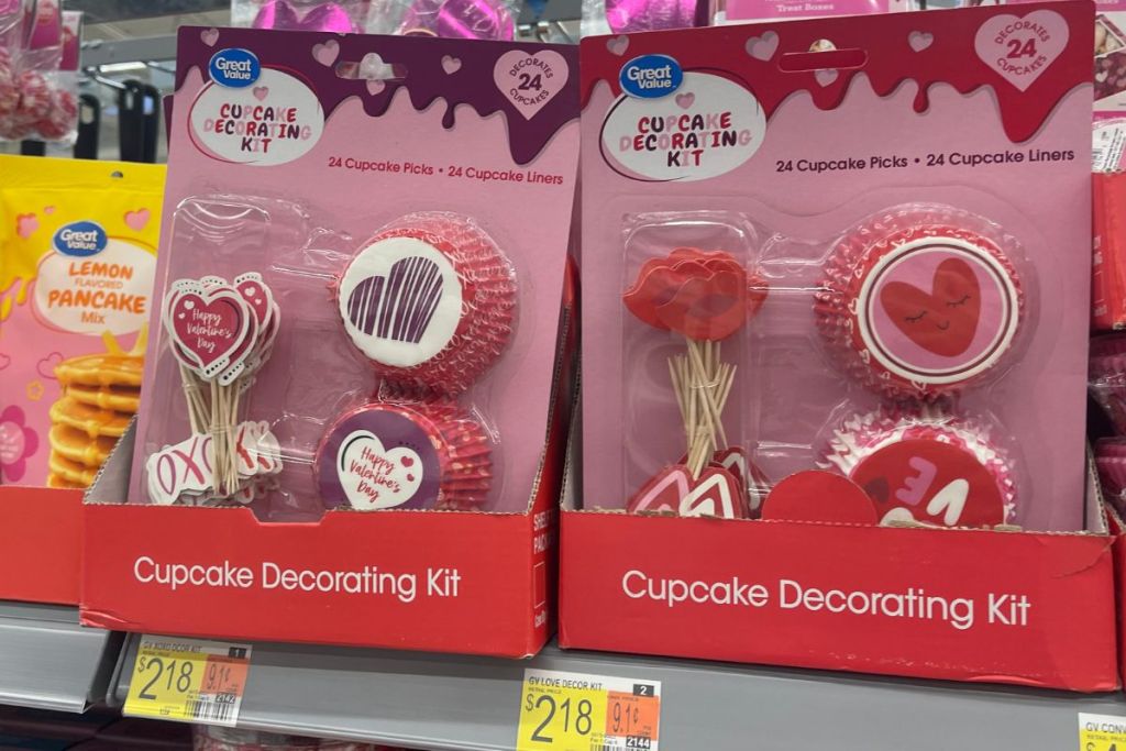 Great value cupcake decorating kits 24-count on a store shelf in a walmart