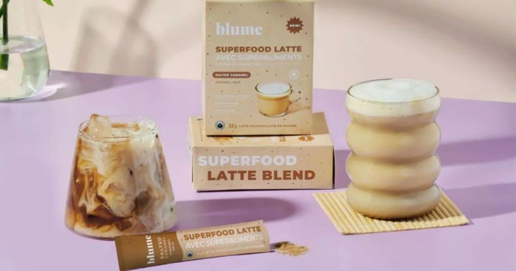 boxes of Blume Salted Caramel Latte Single serve coffee alternative, packet and cups of coffee lattes
