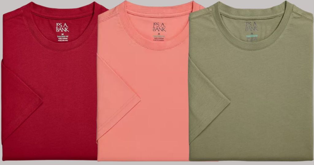 red, peach and green Jos A Banks t-shirts laid out