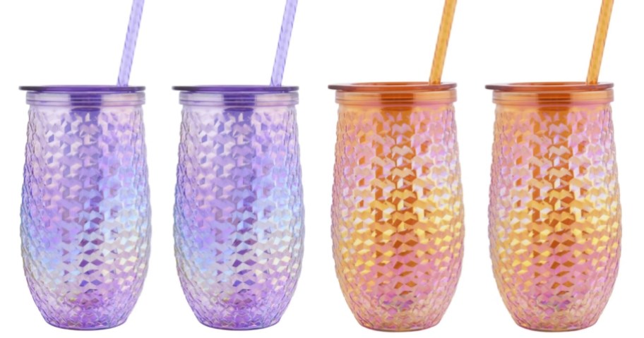 4 rainbow iridescent purple and orange wine tumblers with straws