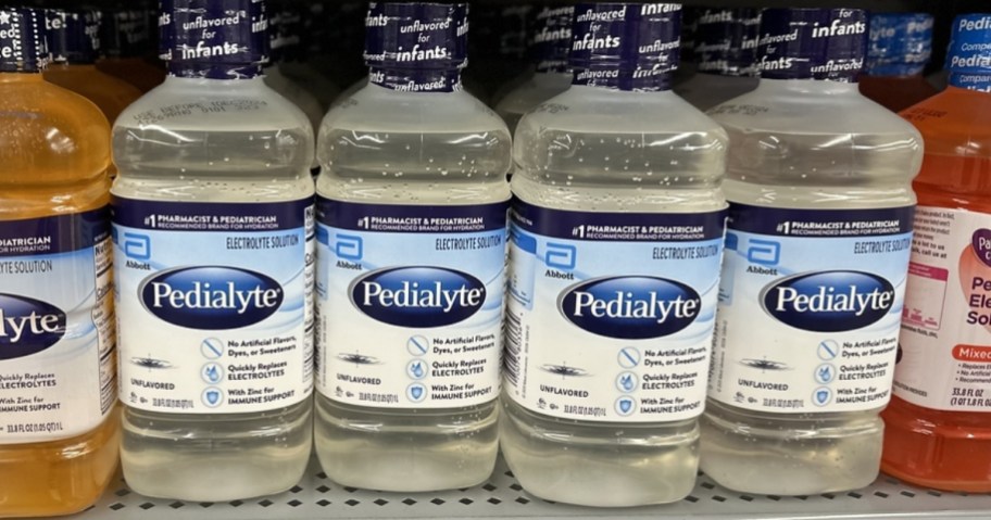 Pedialyte Unflavored Electrolyte Drinks on shelf