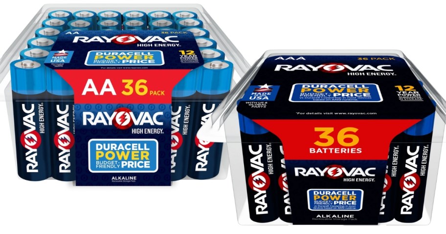 a clear box with label of Rayovac AA batteries next to another clear box with label of Rayovac AAA batteries